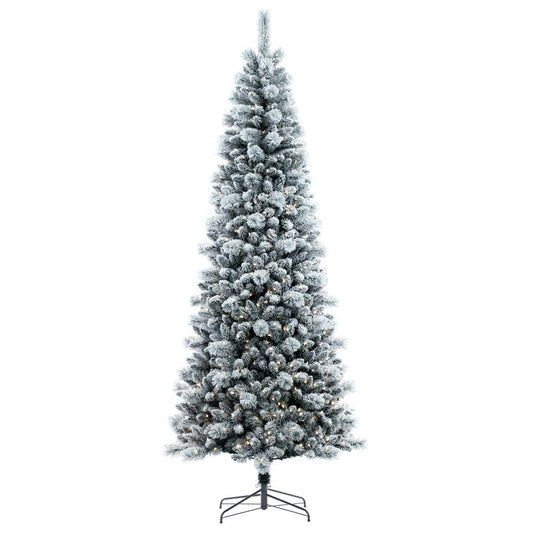 Vickerman 7.5' x 36" Flocked White Pine Artificial Slim Pre-lit Christmas Tree with 550 Dura-Lit® Warm White LED Mini Lights. It measures 90 inches tall and 36 inches wide, which is considered a slim profile. This tree boasts 938 tips for a realistic look