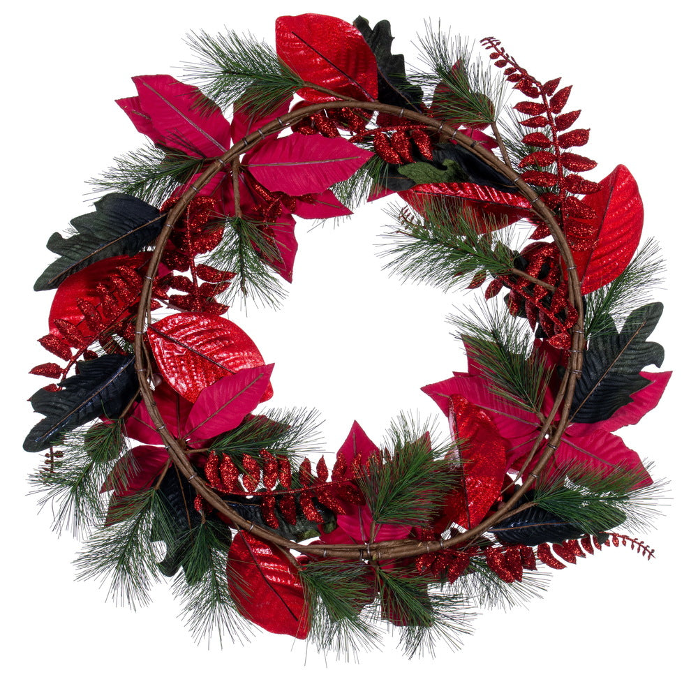 Vickerman 28" Merry Red Poinsettia Ball and Fern Decorated Wreath.