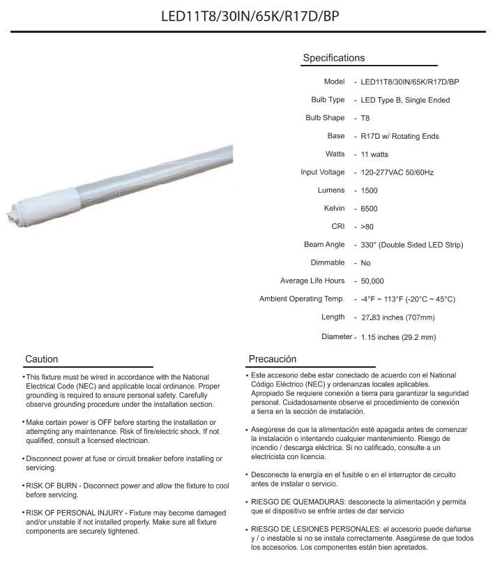 Damar- 2.5Ft T8 LED Tube Light Bulb Type B Ballast Bypass Single End 11W 1500 Lumens 6500K Daylight R17D Base with Rotating Ends 120-277VAC Pack of 10- Fluorescent Replacement for Garage Workshop