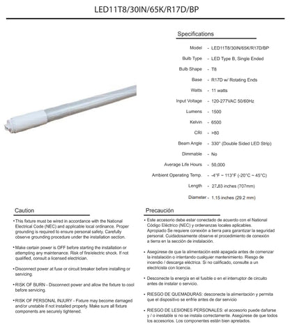 Damar- 2.5Ft T8 LED Tube Light Bulb Type B Ballast Bypass Single End 11W 1500 Lumens 6500K Daylight R17D Base with Rotating Ends 120-277VAC Pack of 10- Fluorescent Replacement for Garage Workshop