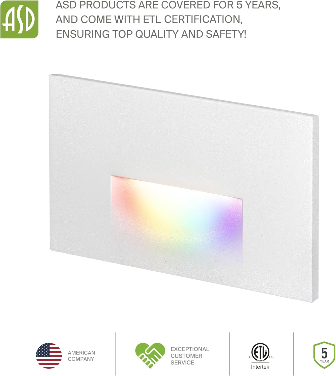 ASD Lighting LED Step Light Horizontal 3W 120V RGBW SMART CCT Selectable 2700-6500K-RGB Dimmable with Smart Hub White ETL 6pack