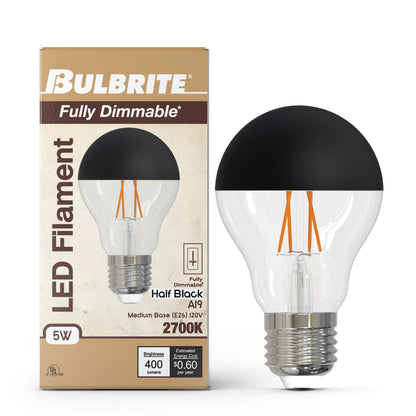 Bulbrite 862061 LED Filament Pack of (4) 5 Watt Dimmable A19 Light Bulb with Half Black Glass Finish and Medium (E26) Base - 2700K (Warm White Light), 400 Lumens