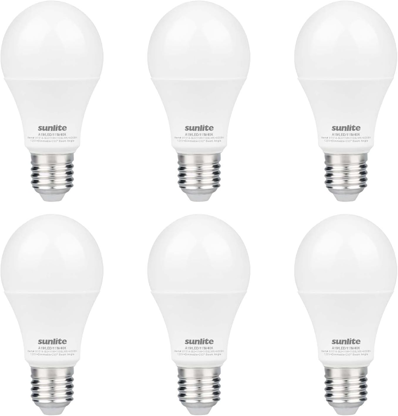 Sunlite LED A19 Light Bulb, 11 Watts (75W Equivalent), 1100 Lmns, 120V, Dimmable, Medium E26 Base, 90 CRI, 230 Degree Beam Angle, UL Listed, Title-20 Compliant, 4000K Cool White, 6 Pack