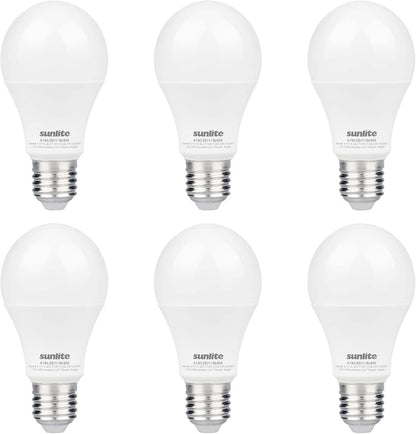 Sunlite LED A19 Light Bulb, 11 Watts (75W Equivalent), 1100 Lmns, 120V, Dimmable, Medium E26 Base, 90 CRI, 230 Degree Beam Angle, UL Listed, Title-20 Compliant, 4000K Cool White, 6 Pack