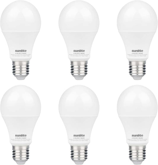 Sunlite LED A19 Light Bulb, 11 Watts (75W Equivalent), 1100 Lmns, 120V, Dimmable, Medium E26 Base, 90 CRI, 230 Degree Beam Angle, UL Listed, Title-20 Compliant, 4000K Cool White, 6 Pack