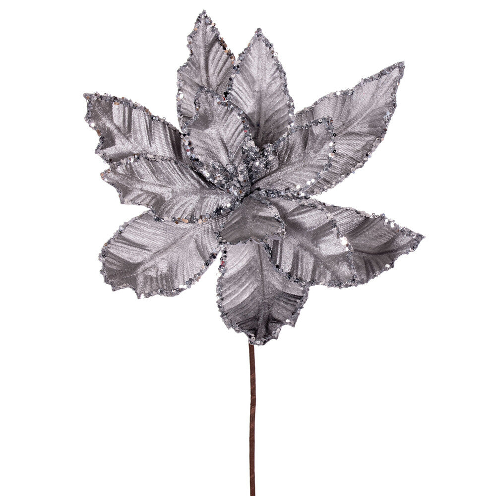Vickerman 24" Silver Velvet Sequin Trim Poinsettia 3 per bag.