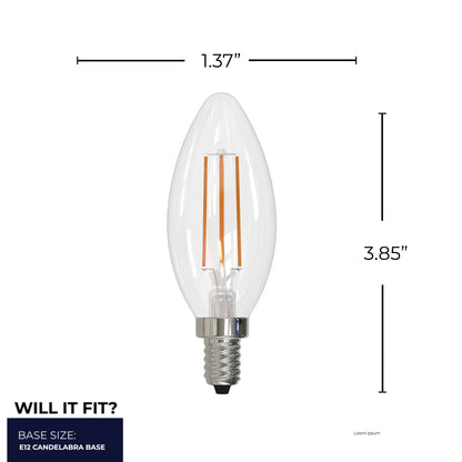 Bulbrite 6.5W LED LIGHT BULB B11 4000K FILAMENT E12 CANDELABRA BASE, CLEAR FINISH, DIMMABLE, 4PK