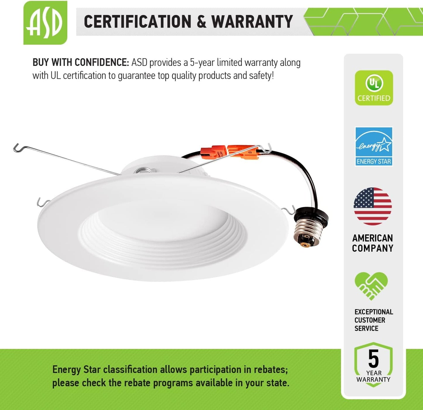 ASD Lighting LED Round Downlight Retrofit Kit 5'' and 6" 12W 120V CCT Selectable 2700/3000/3500/4000/5000K Dimmable PC, Baffle Trim, White UL 6pack