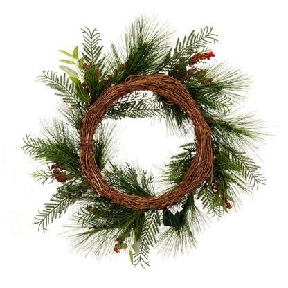 Vickerman 24" Frosted Artificial Christmas Wreath with Red Berries Frosted Foliage and Battery Operated Lights.