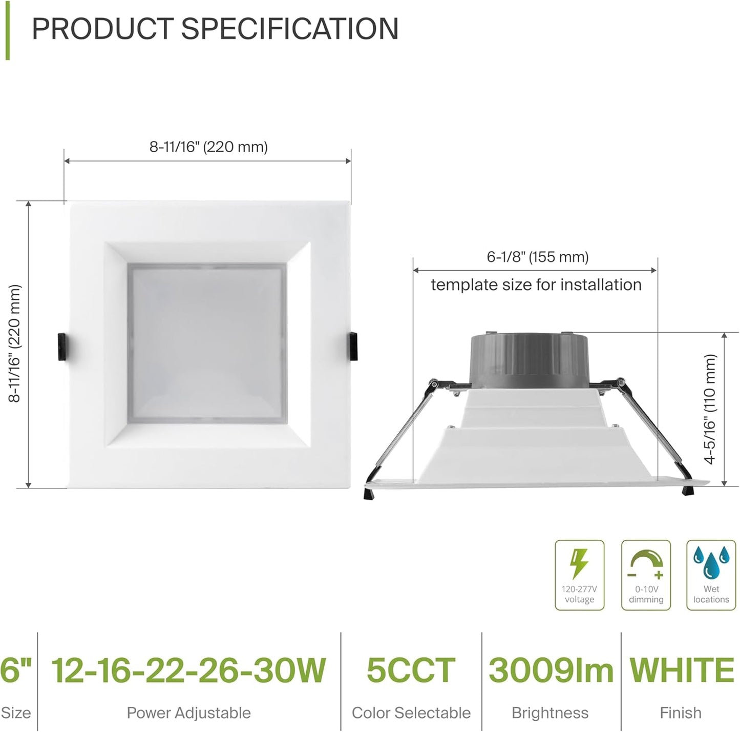 ASD Lighting LED Commercial Downlight Square 6inch 12/16/22/26/30W 120-277V 0-10V Dimmable 100Lm/W 2700/3000/3500/4000/5000K White ETL ES