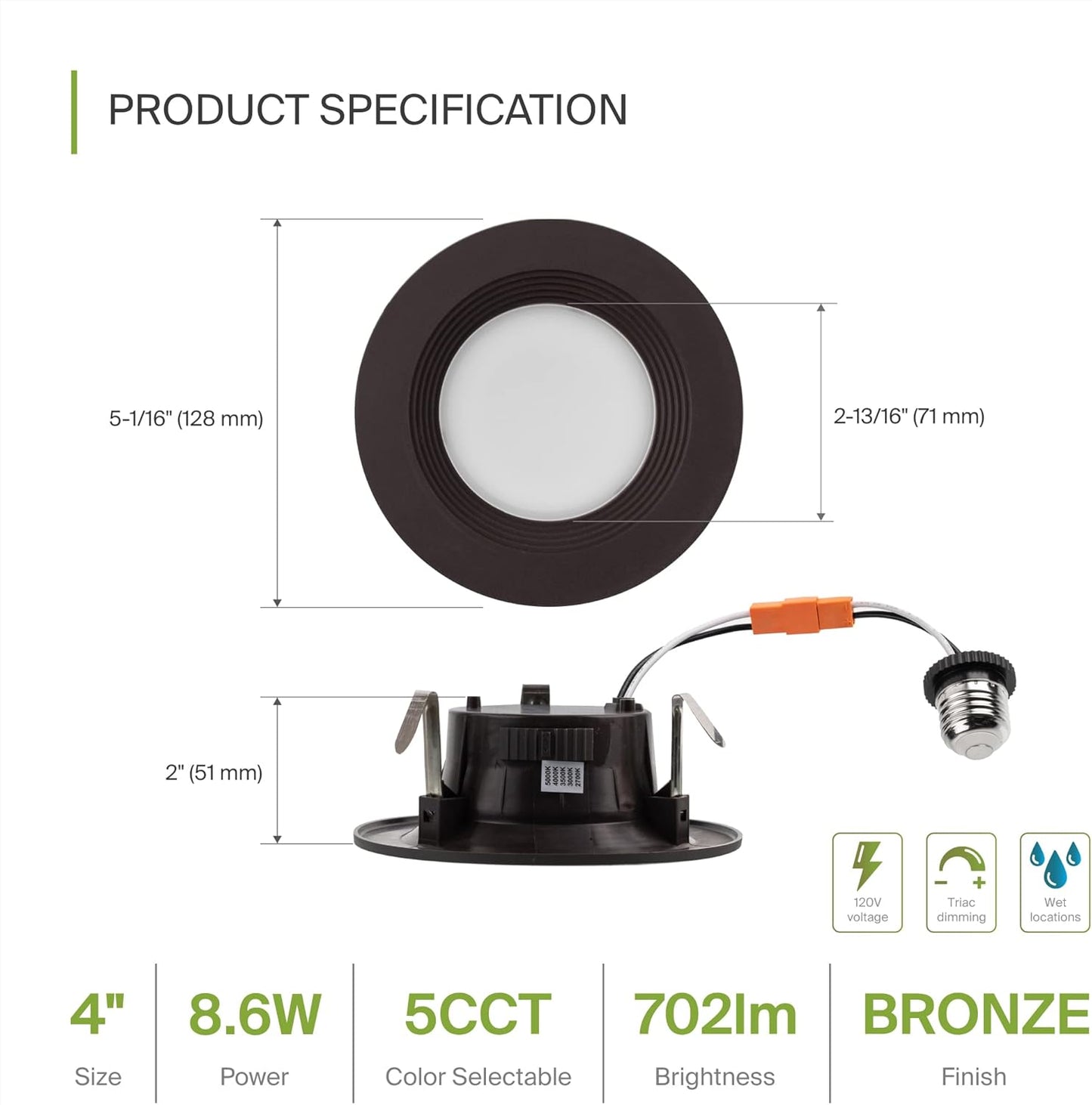 ASD Lighting LED Round Downlight Retrofit Kit 4" 8.6W 120V CCT Selectable 2700/3000/3500/4000/5000K Dimmable PC, Baffle Trim, Oil Rubbed Bronze UL