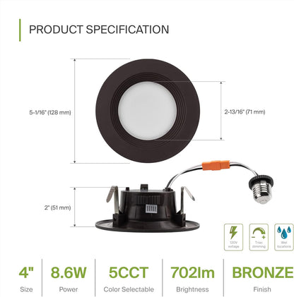 ASD Lighting LED Round Downlight Retrofit Kit 4" 8.6W 120V CCT Selectable 2700/3000/3500/4000/5000K Dimmable PC, Baffle Trim, Oil Rubbed Bronze UL