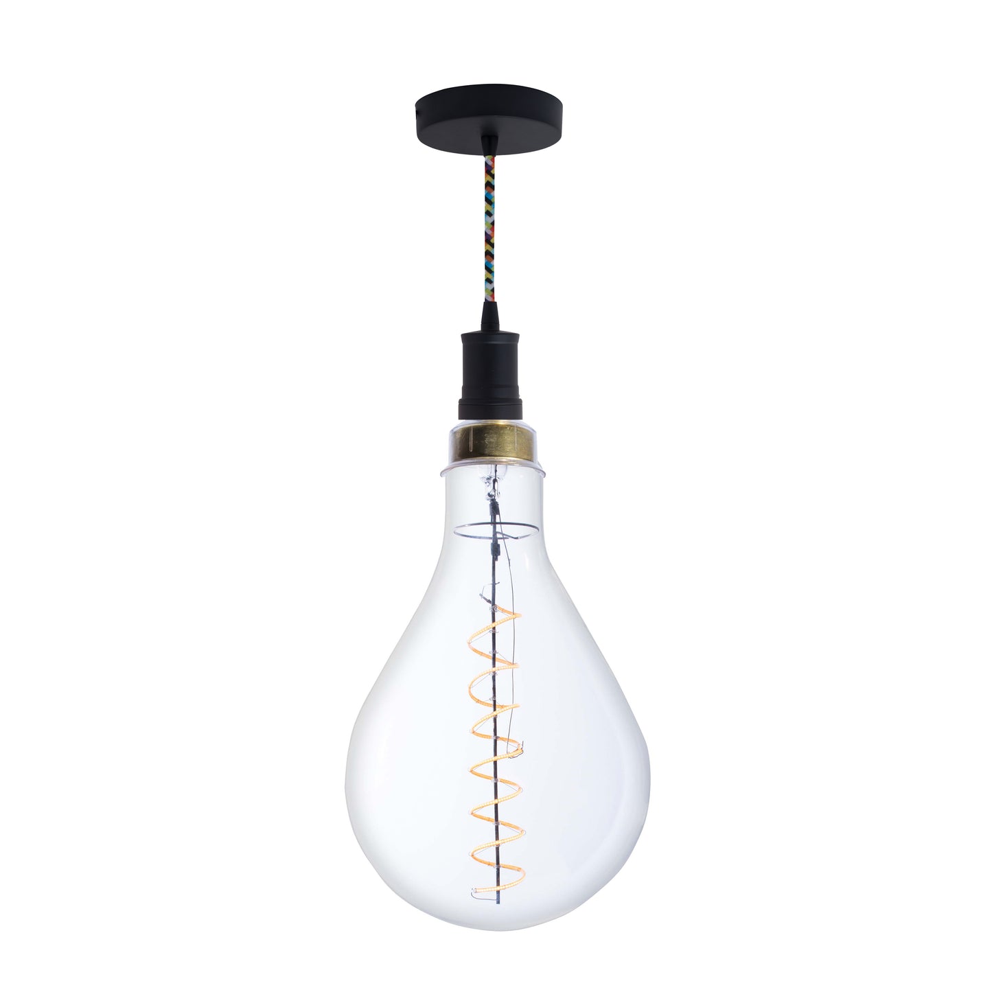 Bulbrite LED Grand Bulb and Pendant Kit of (1) 4 Watt Clear Glass 13" Pear Shaped Bulb and (1) Black Open Socket Pendant on Multicolor Fabric Braided Cord - 2200K (Amber Light)