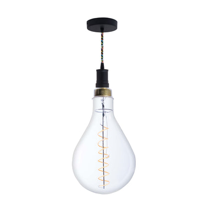 Bulbrite LED Grand Bulb and Pendant Kit of (1) 4 Watt Clear Glass 13" Pear Shaped Bulb and (1) Black Open Socket Pendant on Multicolor Fabric Braided Cord - 2200K (Amber Light)