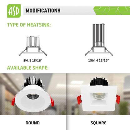 ASD Lighting LED Downlight Round 2inch 8W 120V Triac 2700/3000/3500/4000/5000K White ETL Energy Star