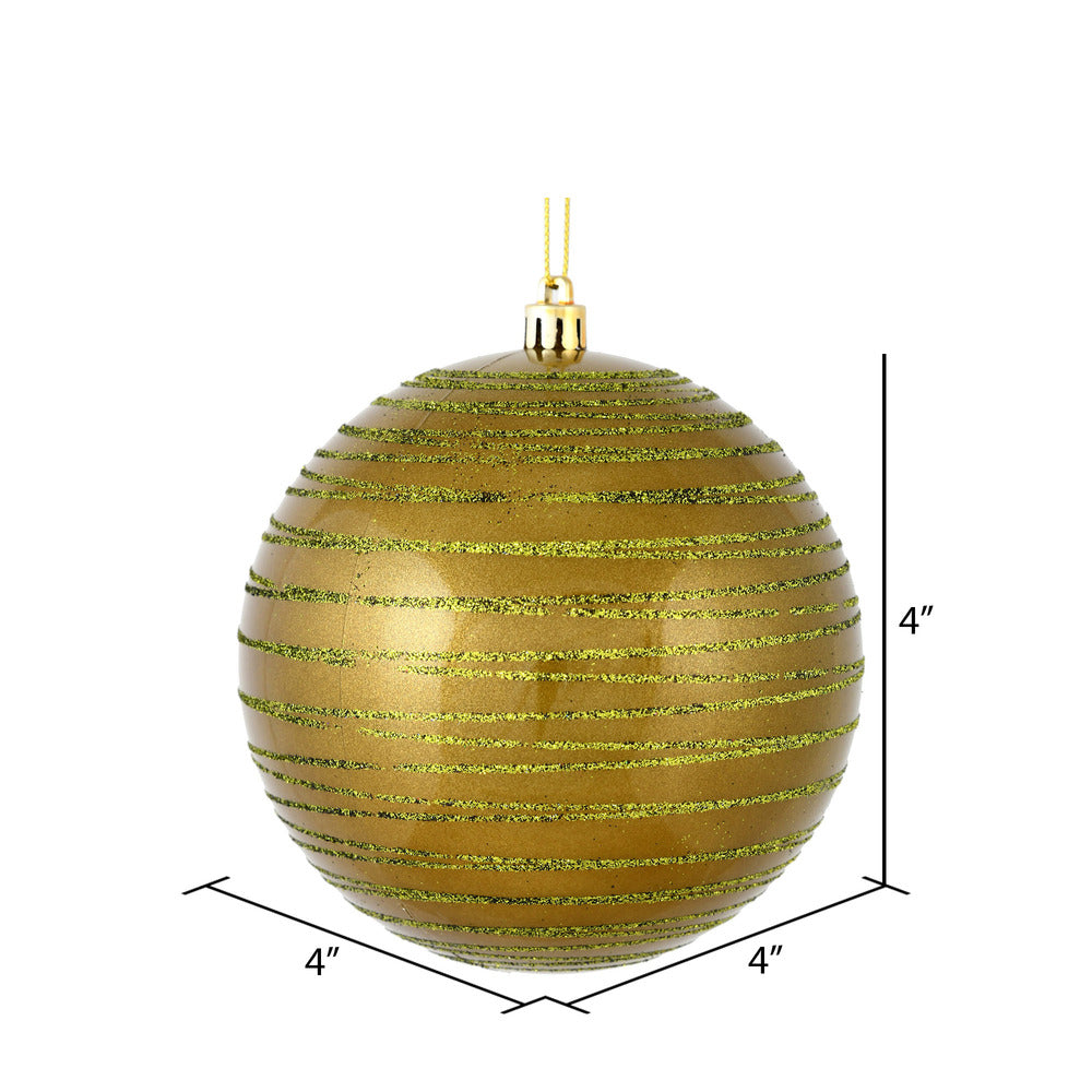 Vickerman 4" Olive Candy Finish Ball Ornament with Glitter Lines 4 per Bag