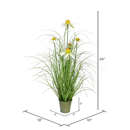 Vickerman 24" Artificial Potted Green Grass and Daisies.