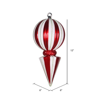 Vickerman 12" Red and White Striped Shiny Ball Finial Ornament with Glitter Accents