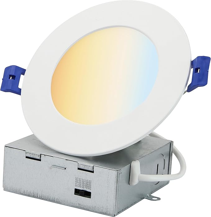 Sunlite 87800 LED 4" Round Recessed Slim Downlight Fixture, 12 Watts, 700 Lmns, CCT Switch 27K/30K/35K/40K/50K, 90 CRI, Dimmable, ETL Listed, Matte White, Title-24 Compliant, 1 Pack