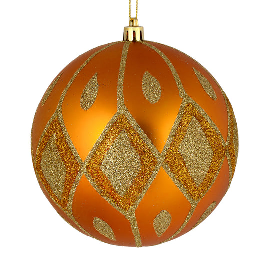 Vickerman 4" Antique Gold Matte Ball with Glitter Diamond Pattern. Add variety and sparkle to your holiday arrangement with this matte ornament that features a glitter pattern. Includes 4 pieces per bag. Made with shatterproof plastic. Ornament has a dril