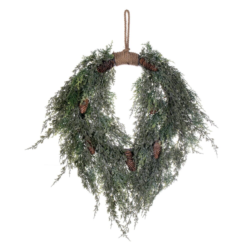 Vickerman 24" Artificial Snow Cedar Hanging Wreath with Pinecones.