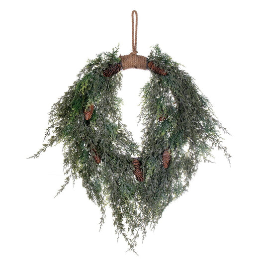 Vickerman 24" Artificial Snow Cedar Hanging Wreath with Pinecones.