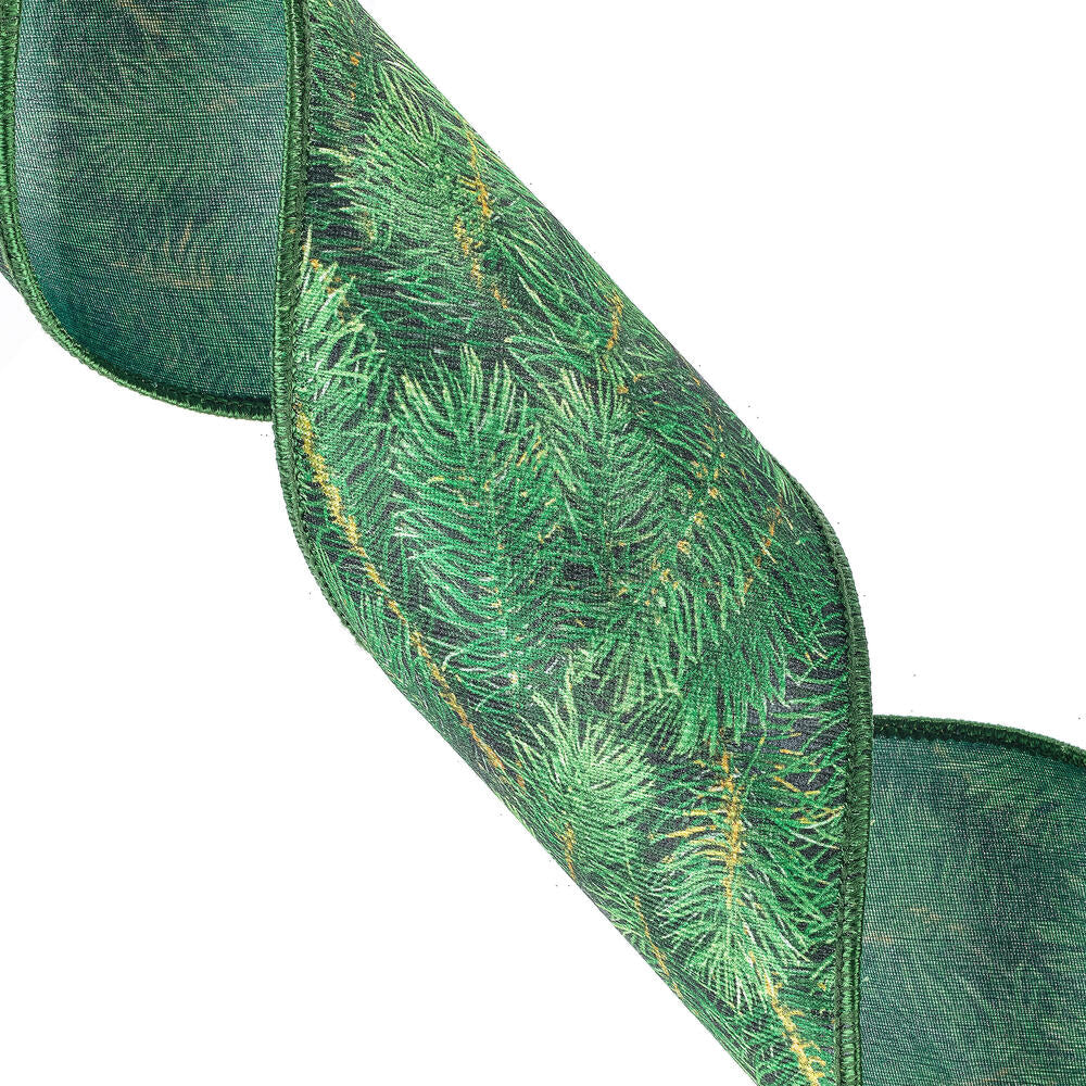 Vickerman 4" x 10 Yards Green Pine Print Wired Edge Christmas Ribbon.