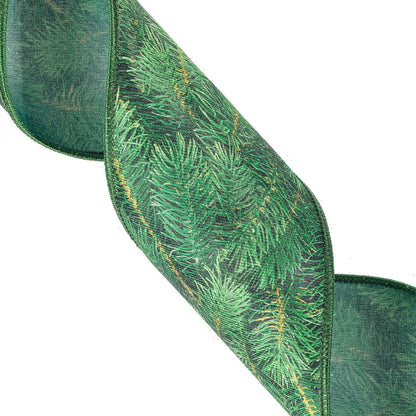 Vickerman 4" x 10 Yards Green Pine Print Wired Edge Christmas Ribbon.