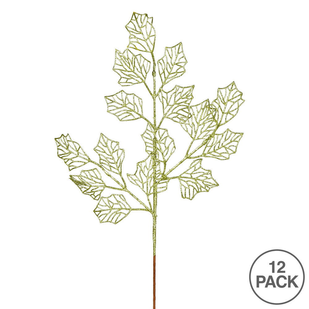 Vickerman 21" Lime Glitter Holly Leaf Lace Artificial Christmas Spray. Includes 12 sprays per pack.