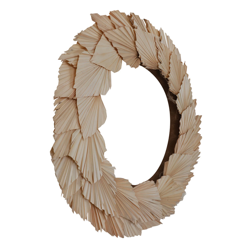 Vickerman Natural Botanicals 24" Bleached Palm Spear Wreath. This wreath measures 24 inches in diameter. It features bleached palm spear leaves on a coco fiber base. This is a dried and preserved natural product.