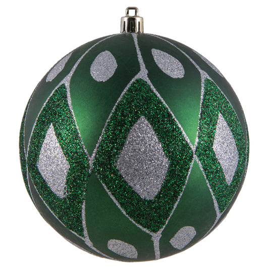 Vickerman 4.75" Emerald Matte Ball with Glitter Diamond Pattern. Add variety and sparkle to your holiday arrangement with this matte ornament that features a glitter pattern. Includes 4 pieces per bag. Made with shatterproof plastic. Ornament has a drille