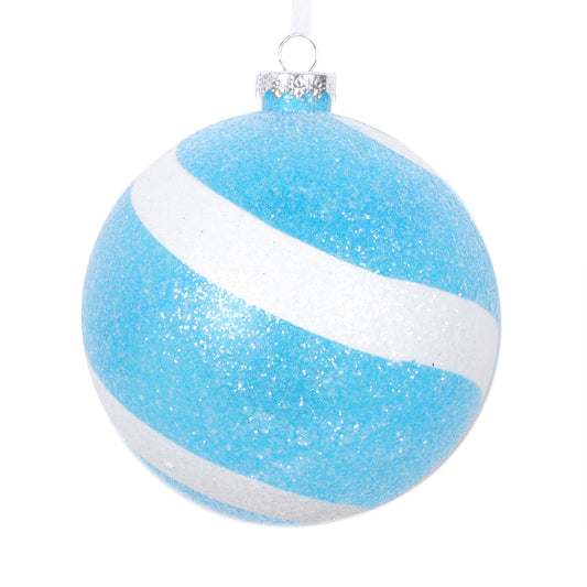 Vickerman 4.75" Baby Blue and White Swirl Sugar Glitter Ball. Includes 3 pieces. String Hanger.