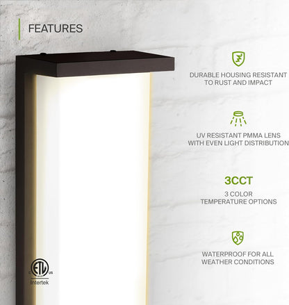 ASD Lighting LED Outdoor Wall Sconce 14" 20W 120V CCT Selectable 3000/4000/5000K Dimmable Black ETL