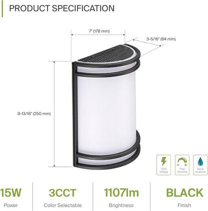 ASD Lighting LED Wall Sconce 15W 120V Triac 3000/4000/5000K Black ETL/4000/5000K Dimmable Black ETL