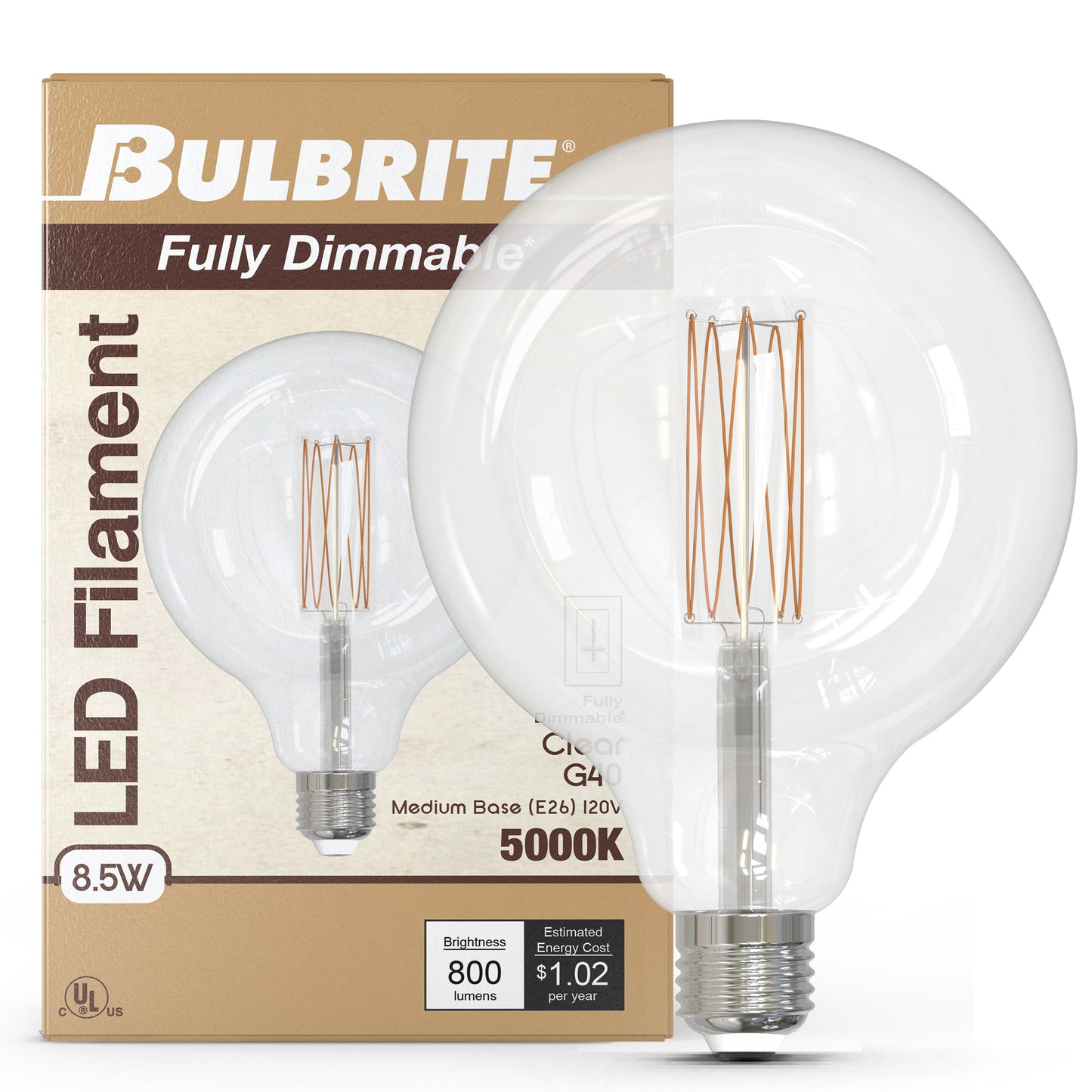 Bulbrite 862094 LED Filament Pack of (2) 8.5 Watt Dimmable G40 Light Bulb with Clear Glass Finish and Medium (E26) Base - 4000K (Cool White Light), 800 Lumens