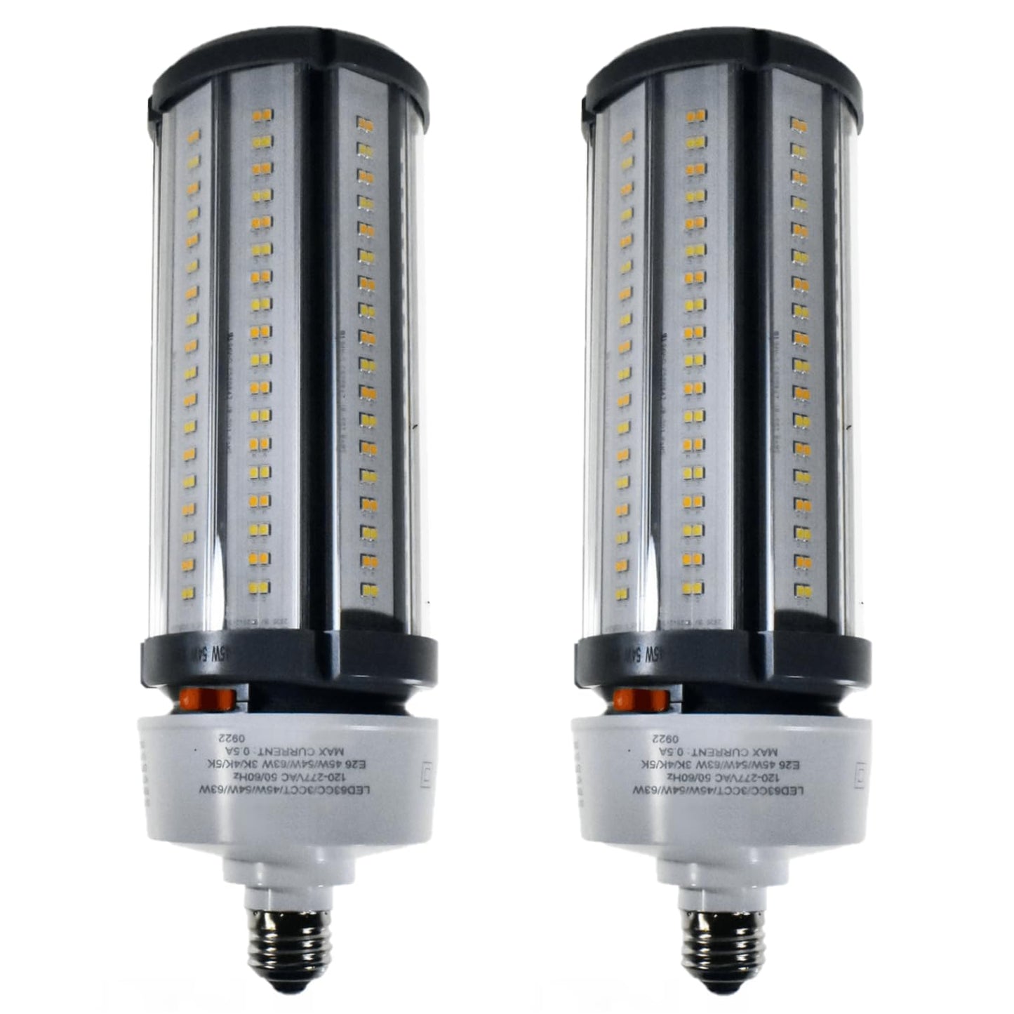 Damar- LED Corn Cob Post Top Bright Light Bulb Type B Ballast Bypass 45W/54W/63W E26 Medium Base 30K/40K/50K Color Selectable 6300/7560/8820 Lumen Dimmable 120-277VAC Pack of 2- For Warehouse Garage