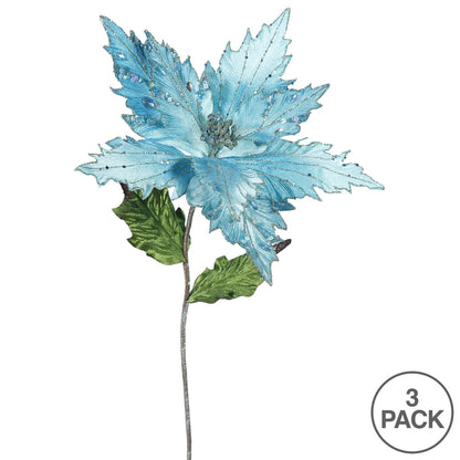 Vickerman 26" Sea Blue Velvet Poinsettia Artificial Christmas Pick 3 per Bag