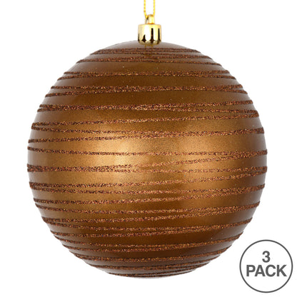 Vickerman 6" Mocha Candy Finish Ball Ornament with Glitter Lines 3 per Bag