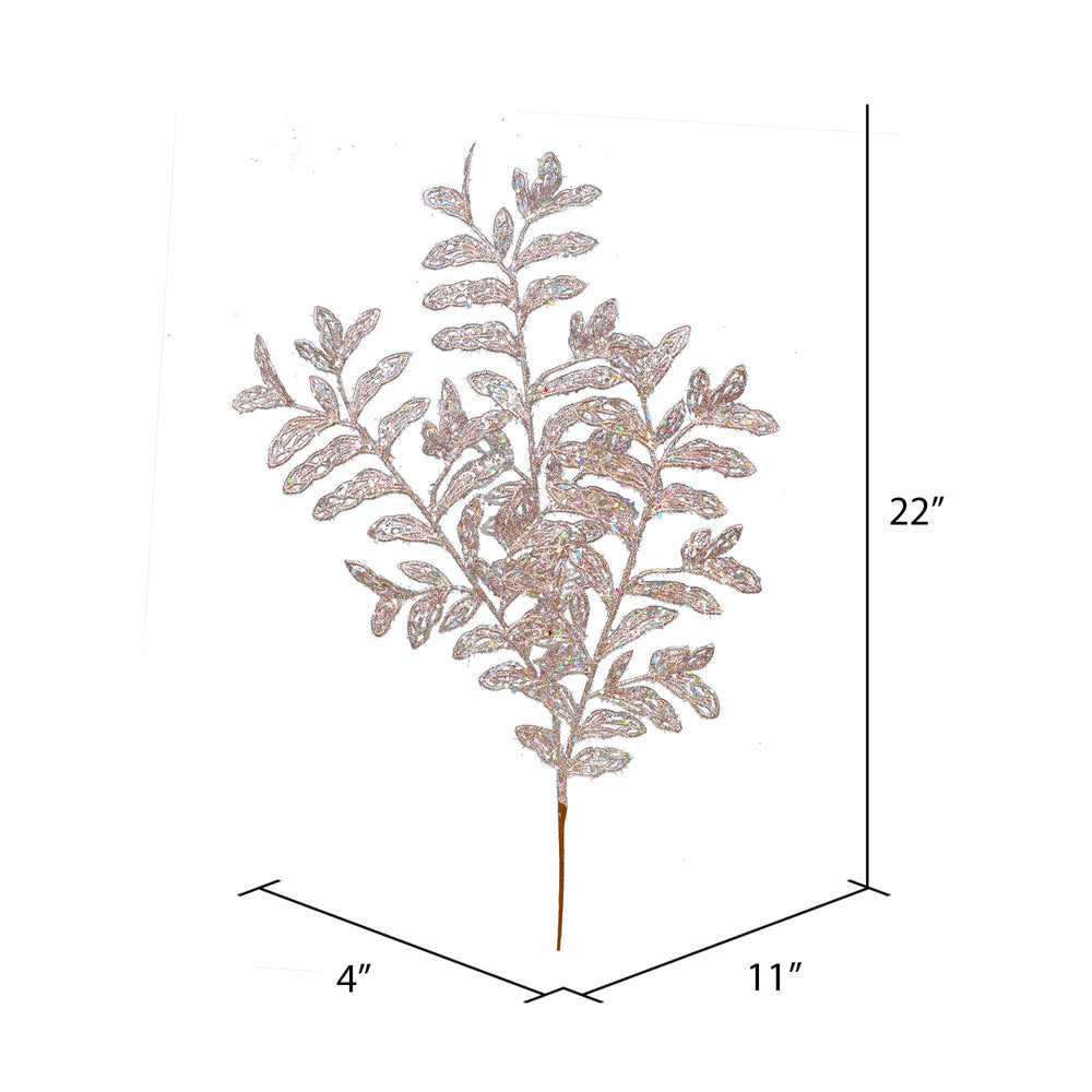 Vickerman 22" Rose Gold Bipinnate Glitter Leaf Artificial Christmas Spray. Includes 12 sprays per pack.