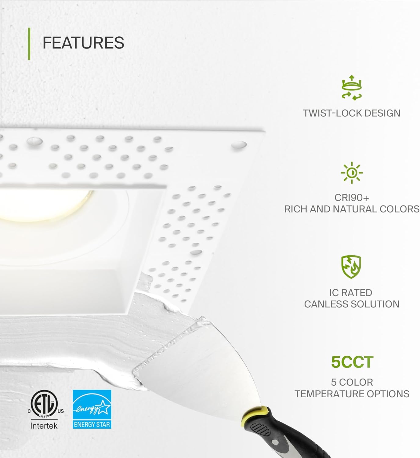 ASD Lighting LED Trimless Downlight Square 4inch 15W 120V Triac 2700/3000/3500/4000/5000K White ETL Energy Star