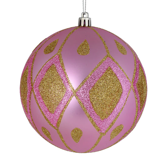 Vickerman 6" Pink Matte Ball with Glitter Diamond Pattern. Add variety and sparkle to your holiday arrangement with this matte ornament that features a glitter pattern. Includes 3 pieces per bag. Made with shatterproof plastic. Ornament has a drilled cap