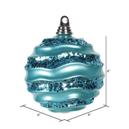 Vickerman 6"Turquoise Stripe Candy Finish Wave Ball Christmas Ornament with Glitter Accents