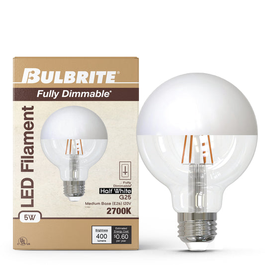 Bulbrite 776839 5W LED G25 2700K FILAMENT HALF WHITE FULLY COMPATIBLE DIMMING