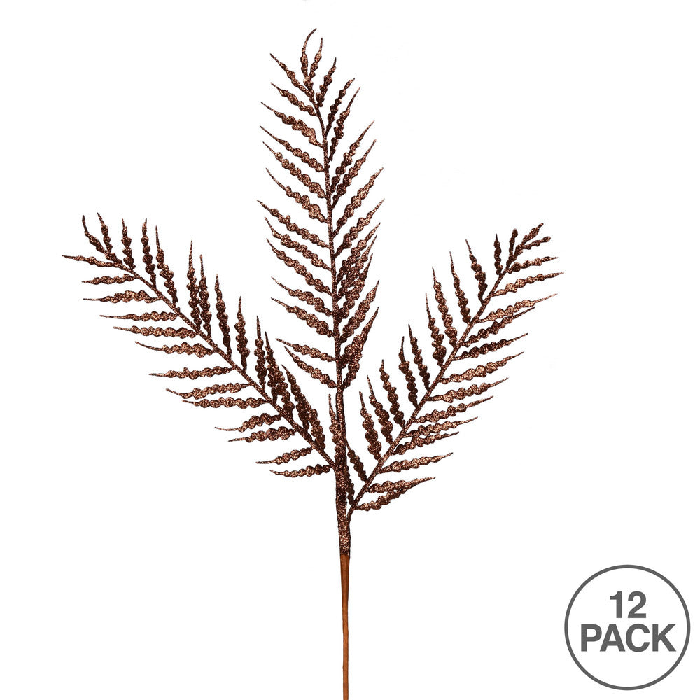 Vickerman 21" Chocolate Glitter Feather Fern Artificial Christmas Spray. Includes 12 sprays per pack.
