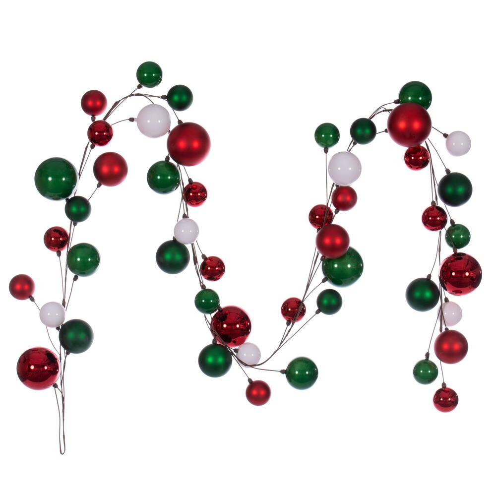 Vickerman 10' White Red And Green Assorted Finish Branch Ball Ornament Garland.