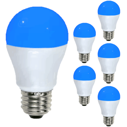 Damar A15 LED Blue Light Bulb 5W 80 Lumen E26 Medium Screw Base for Party Decoration Holiday Lighting Small Light Bulb 120V 200° Beam Angle White Finish Turns Blue When Lit Pack of 6
