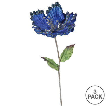 Vickerman 23" Blue Hibiscus Artificial Christmas Pick 3 per Bag