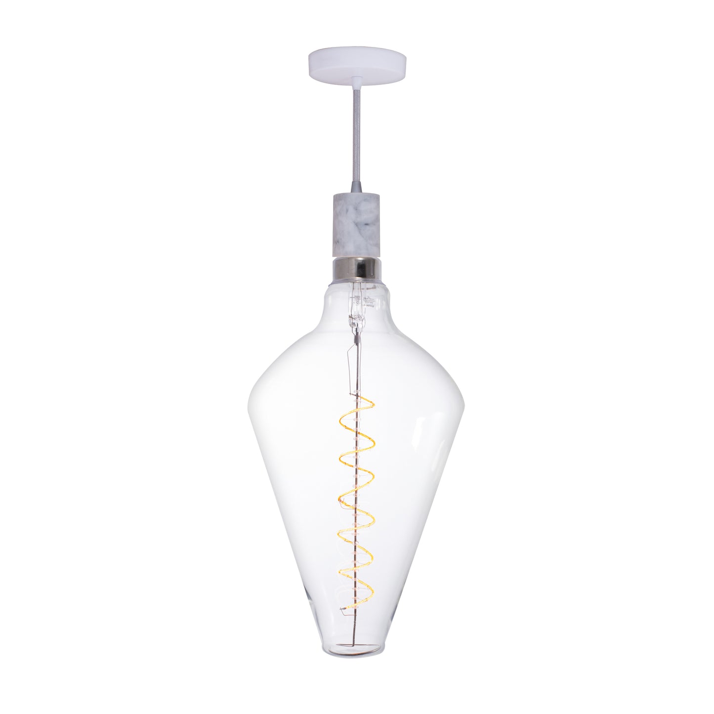 Bulbrite LED Grand Bulb and Pendant Kit of (1) 4 Watt Clear Glass 15" Diamond Shaped Bulb and (1) White Marble Open Socket Pendant on White Fabric Braided Cord - 2200K (Amber Light)