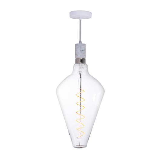 Bulbrite LED Grand Bulb and Pendant Kit of (1) 4 Watt Clear Glass 15" Diamond Shaped Bulb and (1) White Marble Open Socket Pendant on White Fabric Braided Cord - 2200K (Amber Light)