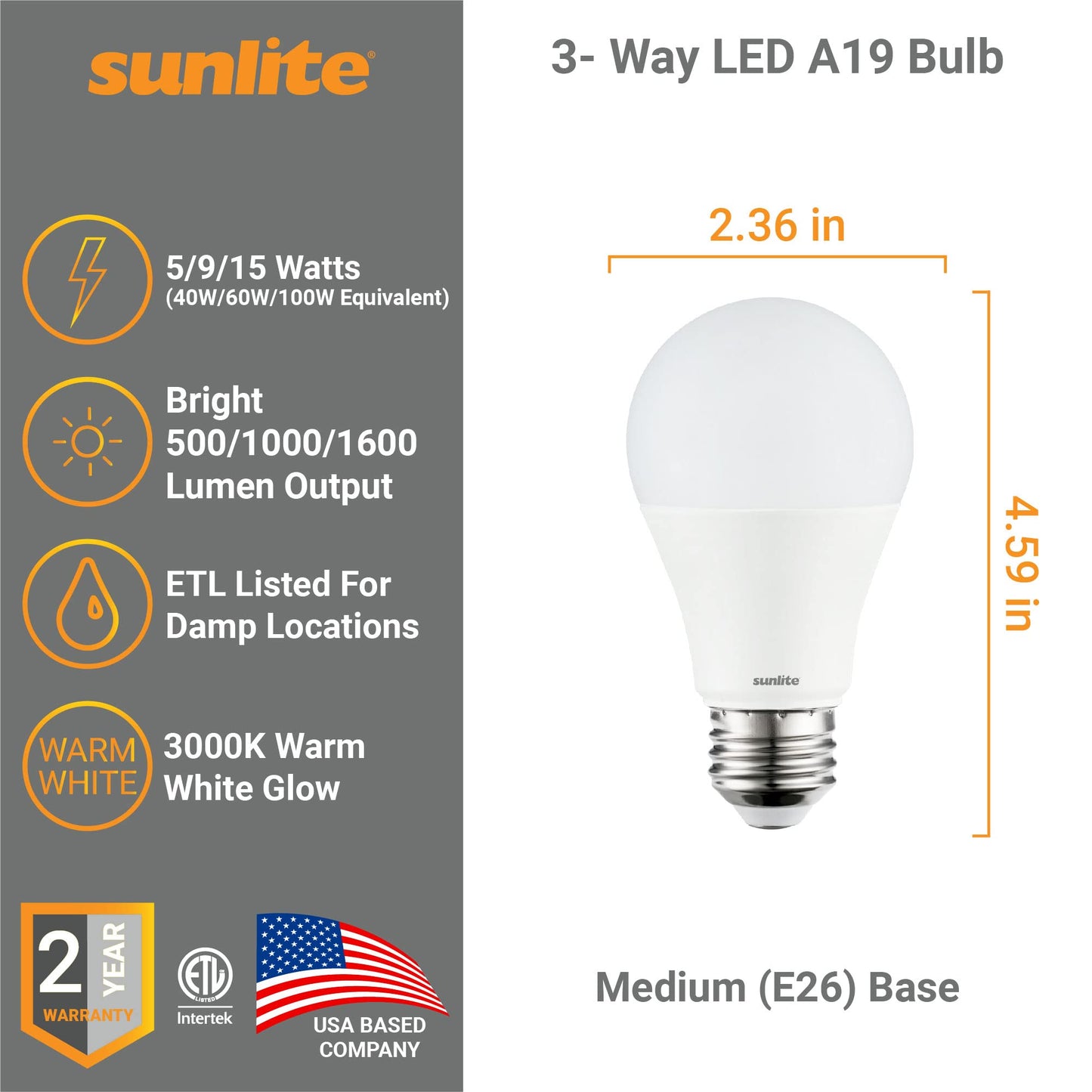 Sunlite 70323 3-Way LED A19 Light Bulb, 5/9/15 Watts (40W 60W 100W Equivalent), 500-1000-1600 Lumens, Medium E26 Base, Omni-Directional, ETL Listed, Frost, 3000K Warm White, 6 Count